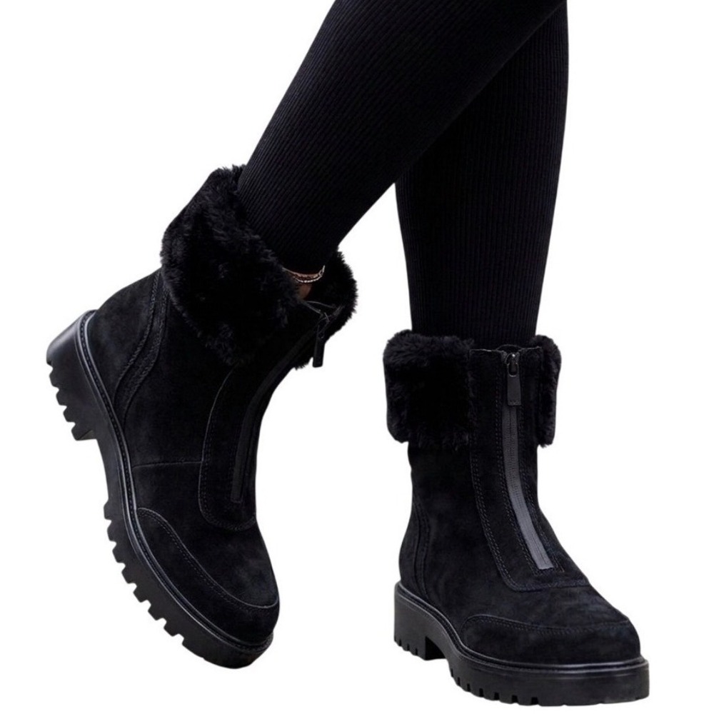 Blondo Hayven Waterproof Suede Faux Fur Zip Lug Sole‎ Boots Black Size 7 NEW